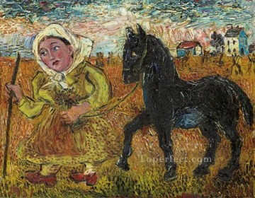  gruesas Pintura al %C3%B3leo - Mujer vestida de amarillo con caballo negro 1951 pinturas gruesas texturizadas